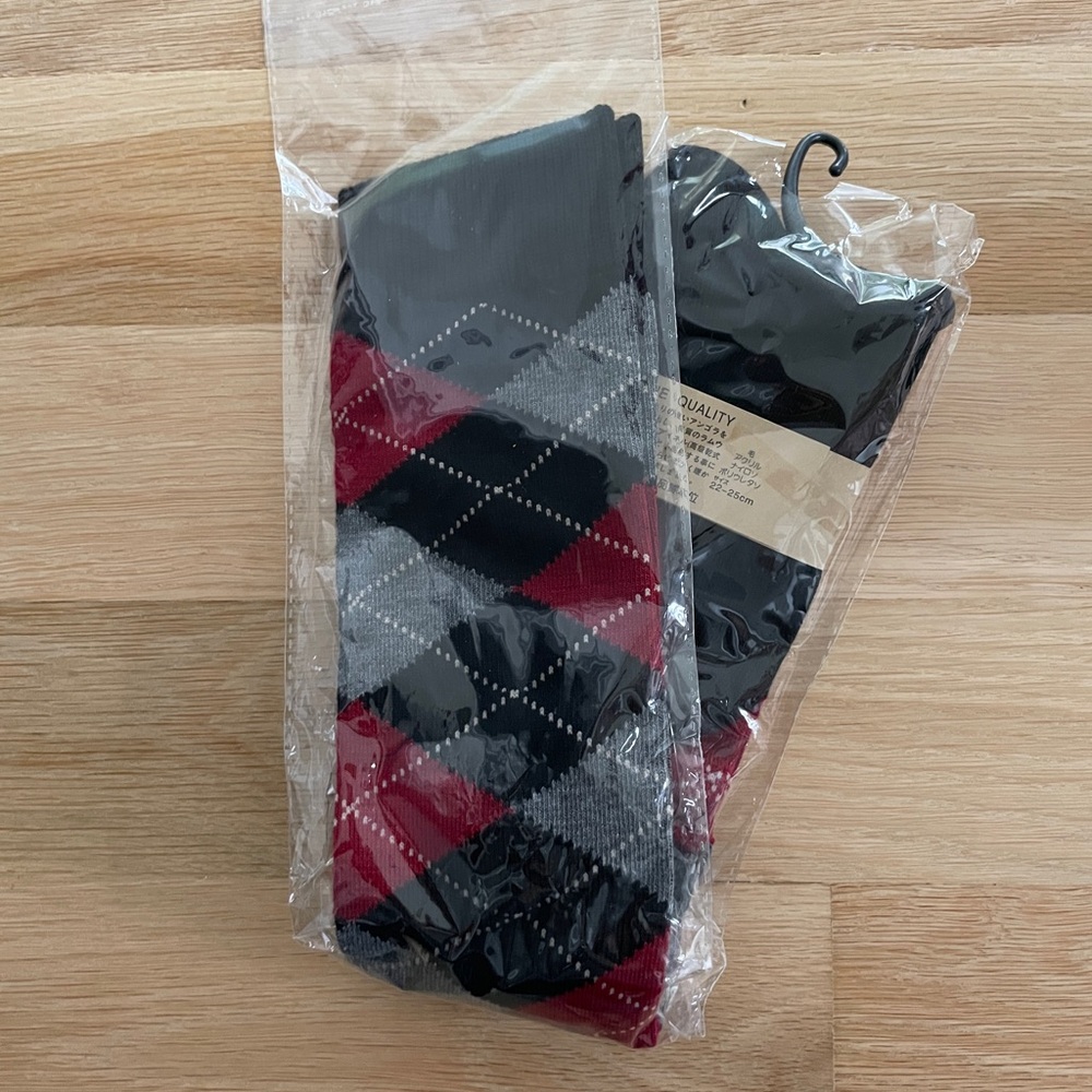 Argyle knee socks, red, gray, black